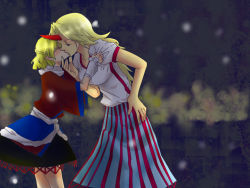 Rule 34 | 2girls, 80yakky, blonde hair, clothes grab, couple, closed eyes, female focus, grabbing another&#039;s chin, hand on another&#039;s chin, horns, hoshiguma yuugi, kiss, long skirt, mizuhashi parsee, multiple girls, pointy ears, shirt, single horn, skirt, snowing, standing, t-shirt, touhou, yuri