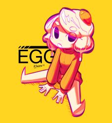 Rule 34 | 1girl, absurdres, bare legs, barefoot, borrowed character, character name, dripping, egg, egg (food), egg (lemyawn), food, full body, highres, long sleeves, looking at viewer, medium hair, open mouth, orange sweater, original, simple background, sitting, solo, sunny side up egg, sweater, twitter username, white hair, yellow background, yungbird
