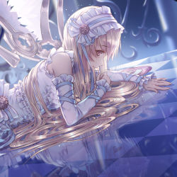 Rule 34 | 1girl, angel, angel wings, bare shoulders, blonde hair, cecil86, cropped, detached sleeves, hairband, highres, lolita hairband, long hair, looking at viewer, lying, on stomach, original, profile, reflection, sleeveless, solo, wings, yellow eyes
