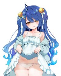 1girl absurdres ahoge amamiya_kokoro bare_shoulders bell blue_hair blush breasts cameltoe cardigan clothes_lift commentary_request dress dress_lift edamame_sushi_(endn3483) hair_bell hair_ornament highres lifting_own_clothes long_hair looking_at_viewer nijisanji off_shoulder open_cardigan open_clothes panties small_breasts smile solo underwear virtual_youtuber white_dress white_panties yellow_eyes