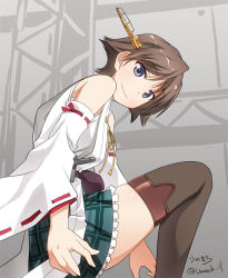 Rule 34 | 10s, 1girl, antennae, bare shoulders, boots, brown hair, brown thighhighs, detached sleeves, grey eyes, hiei (kancolle), kantai collection, long sleeves, looking at viewer, personification, shirt, skirt, smile, solo, thigh boots, thighhighs, umekichi, wide sleeves, zettai ryouiki