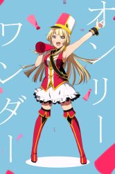 Rule 34 | 1girl, :d, arm up, armpits, bandaid, bang dream!, blonde hair, blue background, boots, frilled skirt, frills, full body, harusawa, hat, highres, holding, holding megaphone, long hair, looking at viewer, megaphone, open mouth, pointing, red footwear, sash, shako cap, skirt, sleeveless, smile, solo, standing, thigh boots, thighhighs, tsurumaki kokoro, white skirt, wrist cuffs, yellow eyes
