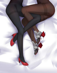 Rule 34 | 2girls, absurdres, bed sheet, black footwear, bodystocking, character request, commentary request, covered navel, high heels, highres, leg between thighs, legs, lower body, lying, multiple girls, no pants, on side, red footwear, rudder footwear, thighs, warship girls r, ze (wzfnn001)