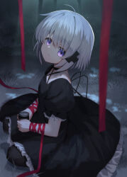 Rule 34 | 1girl, absurdres, ahoge, arm ribbon, black choker, black dress, blurry, can, choker, closed mouth, commentary, criss-cross halter, depth of field, dress, expressionless, eyes visible through hair, frilled dress, frilled sleeves, frills, from side, full body, grey hair, hair between eyes, halterneck, head tilt, highres, holding, holding can, kagari (rewrite), light particles, long ribbon, looking at viewer, moonlight, night, nodoameyatou, outdoors, puffy short sleeves, puffy sleeves, purple eyes, red ribbon, rewrite, ribbon, short hair, short sleeves, sitting, solo, wariza