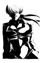 Rule 34 | 1girl, bad id, bad pixiv id, breasts, cleavage, earrings, greyscale, hair over eyes, iwamoto eiri, jewelry, large breasts, long hair, monochrome, ponytail, shermie (kof), snk, solo, split ponytail, the king of fighters