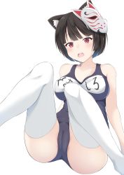 Rule 34 | 1girl, absurdres, animal ears, ass, azur lane, bad id, bad pixiv id, bare shoulders, black hair, blush, breasts, cameltoe, cat ears, clothes writing, covered erect nipples, artistic error, fang, highres, ketsujou nora, looking at viewer, mask, mask on head, medium breasts, one-piece swimsuit, open mouth, partially submerged, red eyes, school swimsuit, short hair, sitting, solo, swimsuit, thighhighs, water, white thighhighs, yamashiro (azur lane), yamashiro (summer offensive?) (azur lane)