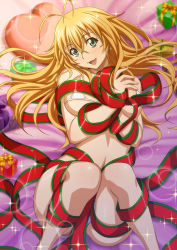 Rule 34 | 1girl, :d, bed sheet, bikini, blonde hair, breasts, earrings, fang, from above, green eyes, hair intakes, head tilt, heart, heart-shaped pillow, ikkitousen, jewelry, large breasts, lens flare, long hair, looking at viewer, lying, magatama, magatama earrings, on back, open mouth, pillow, red ribbon, ribbon, smile, solo, sonsaku hakufu, sparkle, straight hair, swimsuit, underboob, very long hair, white bikini