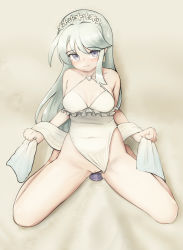 Rule 34 | 1girl, absurdres, bare shoulders, breasts, casual one-piece swimsuit, censored, clothing aside, covered navel, criss-cross halter, dildo, dildo riding, earrings, flower, frilled one-piece swimsuit, frilled swimsuit, frills, grey eyes, hair flower, hair ornament, hairband, halterneck, highleg, highleg swimsuit, highres, jewelry, kantai collection, looking at viewer, maru (marg0613), medium breasts, object insertion, official alternate costume, one-piece swimsuit, pointless censoring, pussy, sagiri (kancolle), sex toy, shawl, solo, swimsuit, swimsuit aside, upper body, vaginal, vaginal object insertion, white hair, white one-piece swimsuit, white shawl