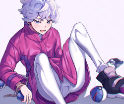 Rule 34 | 1boy, bede (pokemon), blue eyes, blush, coat, commentary request, creatures (company), curly hair, eyelashes, game freak, great ball, highres, holding, holding poke ball, knees, leggings, long sleeves, lower teeth only, male focus, nintendo, open mouth, poke ball, pokemon, pokemon swsh, purple coat, shoes, short hair, solo, spread legs, sweatdrop, teeth, tongue, tuze111, watch, white leggings, wristwatch