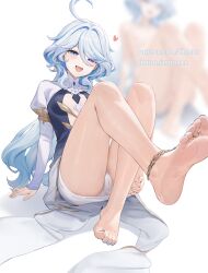 Rule 34 | 1girl, anklet, bare legs, barefoot, blue brooch, blue hair, blue nails, cbmus, commentary request, dress, drop-shaped pupils, feet, furina (genshin impact), genshin impact, gradient dress, highres, jewelry, light blue hair, long hair, looking at viewer, mismatched pupils, multicolored hair, open mouth, panties, soles, streaked hair, symbol-shaped pupils, thighs, toes, two-tone dress, underwear, white dress, white panties
