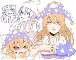 Rule 34 | 1girl, aged up, american flag dress, bad id, bad twitter id, blonde hair, breasts, chibi, clownpiece, commentary request, hair between eyes, hat, itamemono, jester cap, long hair, looking at viewer, neck ruff, pink eyes, polka dot, purple hat, simple background, sketch, star (symbol), star print, striped, touhou, upper body, white background