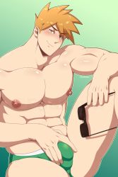 Rule 34 | 1boy, abs, absurdres, artist name, bara, biceps, blonde hair, briefs, bulge, character request, covered erect nipples, creatures (company), crotch grab, eddlayer, feet out of frame, game freak, green background, green briefs, green male underwear, highres, large pectorals, male focus, male underwear, manly, mature male, muscular, muscular male, nintendo, nipples, pectorals, pokemon, pokemon sm, short hair, signature, simple background, sitting, solo, spiked hair, spread legs, sunglasses, underwear, yellow eyes
