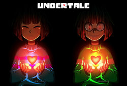 Rule 34 | androgynous, artist name, black background, brown hair, chara (undertale), closed eyes, copyright name, crazy eyes, evil smile, floating, frisk (undertale), gender request, glamist, glowing, glowing eyes, heart, highres, looking at viewer, md5 mismatch, open mouth, red eyes, resized, resolution mismatch, simple background, smile, source smaller, spoilers, striped clothes, striped sweater, sweater, teeth, undertale, upper body, upscaled