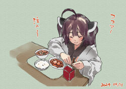 Rule 34 | 1girl, ahoge, arrow (symbol), blush, bowl, brown hair, closed eyes, closed mouth, commentary request, dated, facing viewer, food, food request, green background, headgear, holding, japanese clothes, kimono, lamb (hitsujiniku), long sleeves, plate, smile, solo, table, touhoku kiritan, translation request, twintails, upper body, voiceroid, white kimono, wide sleeves