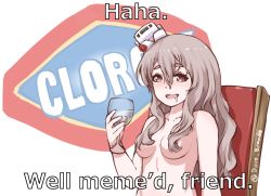 Rule 34 | 10s, 1girl, arm at side, breasts, censored nipples, chair, clorox, disco brando, drooling, english text, hair between eyes, hair censor, kantai collection, light brown hair, long hair, looking at viewer, medium breasts, meme, open mouth, pola (kancolle), saliva, sitting, solo, suicide, topless frame, upper body, wavy hair
