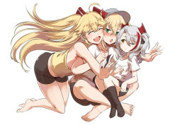 Rule 34 | 3girls, admiral hipper (azur lane), antenna hair, ass, azur lane, blonde hair, bluecher (azur lane), blush, cross, closed eyes, green eyes, hat, hug, hug from behind, iron cross, little prinz eugen (azur lane), long hair, looking at another, multicolored hair, multiple girls, one eye closed, open mouth, peaked cap, smile, split-color hair, steed (steed enterprise), streaked hair, two side up, yellow eyes, aged down