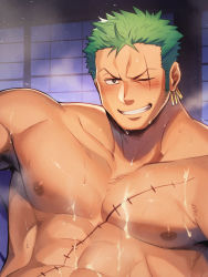 Rule 34 | 1boy, abs, bara, blush, cropped, earrings, fai (fai-storage), green hair, highres, jewelry, large pectorals, male focus, muscular, muscular male, navel, nipples, one eye closed, one piece, pectorals, roronoa zoro, scar, scar across eye, scar on chest, scar on face, short hair, sideburns, smile, solo, teeth, upper body