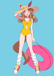 Rule 34 | 1girl, ^ ^, absurdres, alternate costume, animal ears, bare arms, bare shoulders, blue background, blush, breasts, brown hair, casual one-piece swimsuit, cleavage, closed eyes, copano rickey (umamusume), double bun, ears through headwear, facing viewer, fang, full body, hair bun, hair ornament, hand on headwear, hat, highres, horse ears, horse girl, horse tail, innertube, leg warmers, long hair, multicolored hair, nayuta ggg, one-piece swimsuit, open mouth, shoes, simple background, small breasts, smile, sneakers, solo, straw hat, swim ring, swimsuit, tail, tassel, tassel hair ornament, two-tone hair, umamusume, yellow one-piece swimsuit