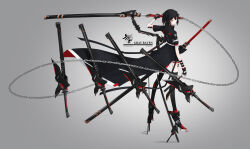 Rule 34 | 1girl, absurdres, alternate costume, alternate hair length, alternate hairstyle, black hair, black jacket, black thighhighs, chain, character name, commentary request, floating, floating object, floating weapon, high heels, highres, holding, holding sword, holding weapon, jacket, lucia (punishing: gray raven), mecha musume, medium hair, multicolored hair, multiple weapons, original, punishing: gray raven, red eyes, red hair, sheath, sheathed, short sleeves, solo, streaked hair, sword, thighhighs, weapon, xiaopanzi
