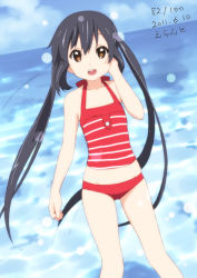 Rule 34 | 1girl, 2011, black hair, brown eyes, dated, day, errant, female focus, k-on!, long hair, looking at viewer, nakano azusa, solo, swimsuit, twintails, water