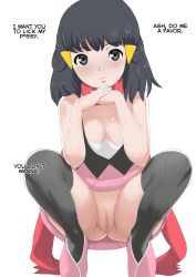 Rule 34 | 1girl, bare shoulders, black eyes, black hair, black thighhighs, breasts, censored, cleavage, closed mouth, creatures (company), dawn (pokemon), english text, game freak, highres, long hair, looking at viewer, makoto daikichi, medium breasts, nintendo, pink skirt, pokemon, pokemon dppt, pussy, scarf, simple background, skirt, sleeveless, spread legs, squatting, text focus, thighhighs, translated, white background