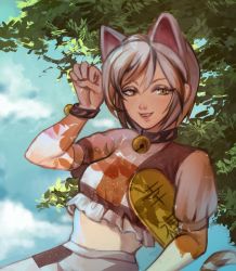 Rule 34 | 1girl, :d, animal ears, bell, blue sky, bracelet, brown eyes, brown hair, cat ears, cat girl, cat tail, coin, collar, crop top, frilled shirt, frills, gold, goutokuji mike, highres, jewelry, koban (gold), lantrat666, multicolored hair, neck bell, open mouth, outdoors, shade, shirt, short hair, skirt, sky, smile, solo, tail, touhou, tree, two-tone hair, unconnected marketeers, white hair, white shirt, white skirt