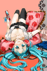Rule 34 | 1girl, airi (nodobotokemax), aqua eyes, aqua hair, bad id, bad pixiv id, bag, black thighhighs, cellphone, collarbone, frilled pillow, frills, hair ribbon, hatsune miku, jewelry, long hair, looking at viewer, loose thighhigh, lying, necklace, nodobotokemax, on back, pendant, phone, pillow, pink background, ribbon, skirt, solo, thighhighs, twintails, upside-down, vocaloid, wavy mouth, world is mine (vocaloid), zettai ryouiki