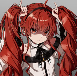 Rule 34 | 1girl, ahoge, angry, bare shoulders, belt, blush, bow, bunching hair, closed mouth, detached sleeves, dress, eris greyrat, fang, hairband, highres, holding, holding hair, long hair, long sleeves, looking at viewer, mushoku tensei, red eyes, red hair, ribbon, shaded face, shirt, simple background, solo, takanashi kei (hitsujikan), twintails, upper body, wavy mouth, white shirt