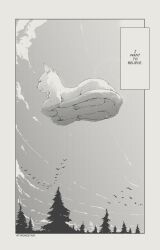 Rule 34 | bird, border, cat, closed mouth, cloud, commentary, day, english commentary, english text, floating, from below, greyscale, highres, meme, monochrome, no humans, original, outdoors, sky, tree, twitter username, tyrone