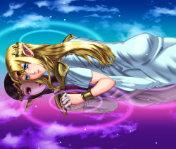 Rule 34 | 2girls, artist request, bad id, bad pixiv id, blonde hair, blue eyes, bracelet, different reflection, dress, earrings, forehead jewel, holding hands, highres, interlocked fingers, jewelry, long hair, looking at viewer, lying, multiple girls, nintendo, on stomach, pointy ears, princess hilda, princess zelda, purple hair, red eyes, reflection, ripples, shoulder pads, the legend of zelda, the legend of zelda: a link between worlds, tiara, triforce