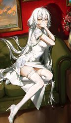 Rule 34 | 1girl, absurdres, cheek rest, china dress, chinese clothes, couch, dress, elbow rest, from side, hand on own face, high heels, highres, indoors, long hair, looking at viewer, low twintails, on couch, original, shadow, short sleeves, sitting, solo, thigh strap, thighhighs, twintails, white dress, white footwear, white thighhighs, ye jji