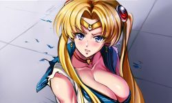 Rule 34 | 1girl, bishoujo senshi sailor moon, blonde hair, blue eyes, blush, breasts, cleavage, crescent, crescent earrings, earrings, hair ornament, highres, ikamochi kalong, jewelry, large breasts, meme, sailor collar, sailor moon, sailor moon redraw challenge (meme), solo, torn clothes, tsukino usagi, twintails