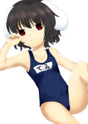Rule 34 | 1girl, black hair, curry man, female focus, inaba tewi, one-piece swimsuit, red eyes, school swimsuit, simple background, solo, swimsuit, touhou, white background