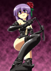 Rule 34 | 1girl, bdsm, black gloves, black thighhighs, blunt bangs, crazy, cross-laced clothes, dominatrix, elbow gloves, female focus, gloves, hair ornament, hieda no akyuu, kousei (public planet), leotard, sexually suggestive, solo, strapless, strapless leotard, thighhighs, touhou, whip
