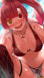 Rule 34 | 1girl, @ @, absurdres, ahoge, bare shoulders, bikini, blue sky, blush, breasts, breasts apart, cloud, commentary, day, from below, full-face blush, gold necklace, heterochromia, high ponytail, highres, hololive, houshou marine, houshou marine (summer), in heat, jewelry, large breasts, navel, necklace, open mouth, outdoors, pov, red eyes, red hair, skindentation, sky, smile, solo, steam, steaming body, stomach, sweat, swimsuit, thigh strap, tonarikeru, virtual youtuber, yellow eyes