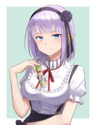 Rule 34 | 1girl, between breasts, blue eyes, breasts, candy, cleavage, dagashi kashi, food, hair ornament, hairband, half-closed eyes, highres, large breasts, long hair, looking at viewer, purple hair, seductive smile, sexually suggestive, shidare hotaru, short hair, skirt, smile, solo, standing, suspenders, unbuttoned, unbuttoned shirt