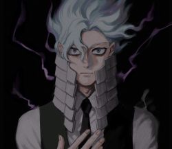 Rule 34 | 1boy, alternate color, black background, boku no hero academia, buttons, collared shirt, command input, costume, darkness, expressionless, facing viewer, fog, grey eyes, hand on own chest, high collar, kurogiri (boku no hero academia), long sleeves, loud cloud, necktie, osutoraria (1ndi g0), shirt, solo, spoilers, vest, white hair, white shirt