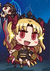 Rule 34 | 2girls, april fools, black bow, black hair, blonde hair, bow, chibi, ereshkigal (fate), fate/grand order, fate (series), hair bow, hand on own hip, holding, holding weapon, ishtar (fate), ishtar (fate), multiple girls, official art, red bow, red eyes, riyo (lyomsnpmp), siblings, sisters, sparkle, star (sky), sweat, tiara, tohsaka rin, two side up, weapon