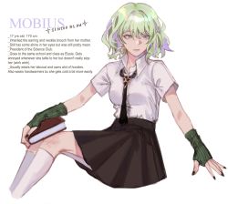 Rule 34 | 1girl, absurdres, alternate hair length, alternate hairstyle, alternate universe, black nails, black necktie, black skirt, book, character name, closed mouth, collared shirt, crysangria, earrings, english text, fingerless gloves, gloves, green gloves, green hair, green nails, highres, holding, honkai (series), honkai impact 3rd, jewelry, kneehighs, looking away, mobius (honkai impact), nail polish, necktie, shirt, simple background, sitting, skirt, socks, solo, white background, white shirt, white socks