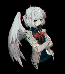 Rule 34 | 1girl, aibivy, black background, bow, bowtie, braid, cropped torso, crossed arms, feathered wings, jacket, kishin sagume, long sleeves, looking at viewer, open clothes, open jacket, red bow, red bowtie, red eyes, simple background, single wing, solo, touhou, upper body, white hair, white wings, wing collar, wings
