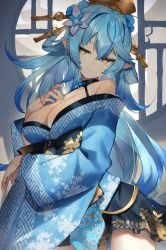 Rule 34 | 1girl, ahoge, alternate costume, architecture, blue hair, blue kimono, blue lips, breasts, cleavage, closed mouth, comb, commentary, cowboy shot, east asian architecture, floating hair, floral print, flower, hair between eyes, hair flower, hair ornament, hair stick, heart, heart ahoge, highres, hololive, japanese clothes, kimono, kojitsunagi (pattern), large breasts, light blue hair, lips, lipstick, long hair, makeup, multicolored hair, obi, off shoulder, pointy ears, sash, scottie (phantom2), smile, snowflake print, solo, streaked hair, two-tone hair, virtual youtuber, yellow eyes, yukihana lamy