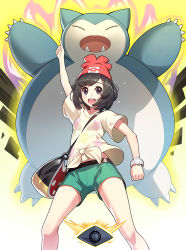 Rule 34 | 10s, 1girl, aura, bag, beanie, black hair, bracelet, brown eyes, brown hair, claws, creatures (company), fangs, game freak, gen 1 pokemon, hat, jewelry, looking at viewer, nintendo, open mouth, pointing, pointing up, pokemon, pokemon (creature), pokemon sm, ririko (zhuoyandesailaer), saturday night fever, selene (pokemon), shirt, short shorts, shorts, smile, snorlax, tied shirt