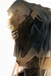 Rule 34 | 2boys, acutecrane, black shirt, blonde hair, blush, carrying, cloud strife, final fantasy, final fantasy vii, final fantasy vii remake, grey hair, grin, hand on another&#039;s back, highres, long hair, looking at another, male focus, multiple boys, sephiroth, shirt, smile, spiked hair, white background, yaoi