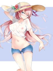 Rule 34 | 1girl, 7gao, arm up, bare arms, blue eyes, breasts, closed mouth, collarbone, crop top, denim, denim shorts, embarrassed, floating hair, flower, frown, hair ribbon, hand on headwear, hat, hat flower, highres, long hair, looking at viewer, medium breasts, midriff, navel, nipples, no bra, open fly, original, pink hair, pink ribbon, red flower, ribbon, see-through, shirt, short shorts, short sleeves, shorts, sidelocks, solo, standing, stomach, sun hat, thighs, very long hair, wet, wet clothes, wet shirt, white shirt