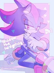 Rule 34 | 1boy, ameusute1002, animal ears, animal nose, artist name, black fur, blue border, body fur, boots, border, bracelet, chaos emerald, character name, closed mouth, furry, furry male, gem, gloves, gold bracelet, half-closed eyes, hand up, hedgehog, hedgehog ears, hedgehog tail, highres, jewelry, looking at viewer, male focus, outside border, pink background, pink eyes, pink fur, shadow the hedgehog, simple background, sitting, solo, sonic (series), tail, triangle, two-tone fur, white footwear, white gloves