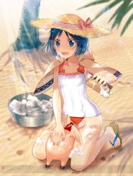 Rule 34 | 00s, 1girl, beach, between legs, blue eyes, blue hair, casual one-piece swimsuit, collarbone, day, hyunjoong, isara gunther, matching hair/eyes, murakami yuichi, one-piece swimsuit, open mouth, outdoors, senjou no valkyria, senjou no valkyria (series), senjou no valkyria 1, sexually suggestive, short hair, solo, swimsuit, watermark
