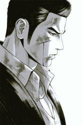Rule 34 | 1boy, blood, blood on face, character request, formal, frown, genandnak, long sideburns, looking down, male focus, partially unbuttoned, pectoral cleavage, pectorals, profile, ryu ga gotoku, ryuu ga gotoku (series), short hair, sideburns, solo, suit, thick eyebrows, upper body, yakuza