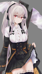 Rule 34 | 1girl, absurdres, alternate hairstyle, antenna hair, anti-materiel rifle, argyle, argyle clothes, argyle legwear, black skirt, black thighhighs, blush, bolt action, bullpup, closed mouth, clothes lift, cowboy shot, crossed bangs, eyes visible through hair, girls&#039; frontline, grey background, gun, hair between eyes, hair ornament, hairclip, halloween, halloween costume, head tilt, heart, heart-shaped pupils, high-waist skirt, highres, holding, holding gun, holding weapon, iws 2000 (girls&#039; frontline), iws 2000 (the seventh sealer) (girls&#039; frontline), lace, lace-trimmed legwear, lace trim, lifting own clothes, long hair, needlegun, official alternate costume, ponytail, prototype design, red eyes, rifle, ru zhai, scope, scythe, shirt, silver hair, simple background, skirt, skirt lift, smile, sniper rifle, solo, standing, steyr arms, steyr iws 2000, steyr mannlicher, symbol-shaped pupils, tape, thighhighs, thighs, weapon, white shirt