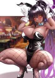 Rule 34 | 1girl, absurdres, ahoge, animal ears, armpits, ass, black footwear, black hair, black leotard, blue archive, blurry, blurry background, blush, breasts, casino, cleavage, commentary, covered navel, curvy, dark-skinned female, dark skin, detached collar, fake animal ears, fake tail, fishnet pantyhose, fishnets, full body, furrowed brow, gloves, gradient hair, hair between eyes, halo, high heels, high ponytail, highleg, highleg leotard, highres, karin (blue archive), karin (bunny) (blue archive), large breasts, leotard, lipstick, long hair, looking at viewer, makeup, multicolored hair, official alternate costume, orange eyes, pantyhose, parted lips, playboy bunny, purple hair, purple halo, rabbit ears, rabbit pose, rabbit tail, red lips, shiny clothes, shiny skin, skindentation, solo, spread legs, squatting, st r, strapless, strapless leotard, tail, tiptoes, two-tone hair, very long hair, white gloves, wide hips, wrist cuffs, yellow eyes
