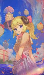Rule 34 | 1girl, ahoge, blonde hair, blue eyes, bow, bowtie, cowboy shot, dress, field, flower, flower field, from side, full body, hair bow, hair ornament, hairclip, headphones, headphones around neck, highres, hololive, horns, long hair, looking at viewer, looking to the side, lyre, nakashima (pluscolor), ponytail, sailor dress, see-through, see-through silhouette, see-through sleeves, sheep horns, solo, tsunomaki watame, tsunomaki watame (street casual), virtual youtuber, white dress